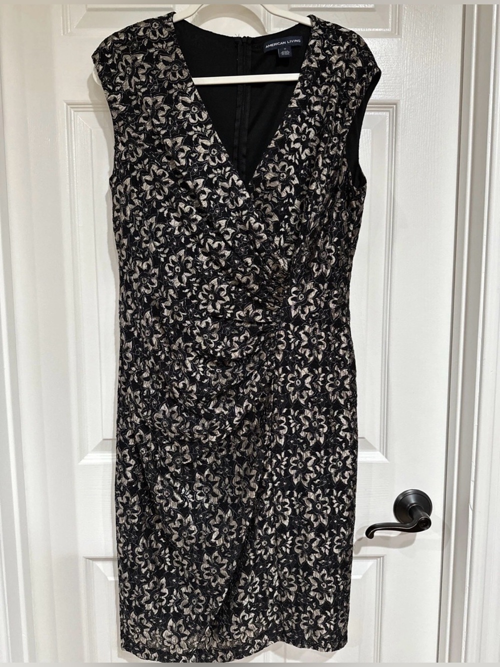 American Living SZ 14 Party Cocktail Dress Black Gold Lace Floral Lined